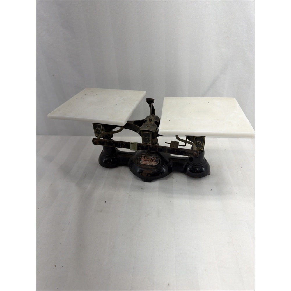 Antique Ohaus Balance Scale Double Beam Cast Iron & Steel Milk Glass Pans 2 Kilo
